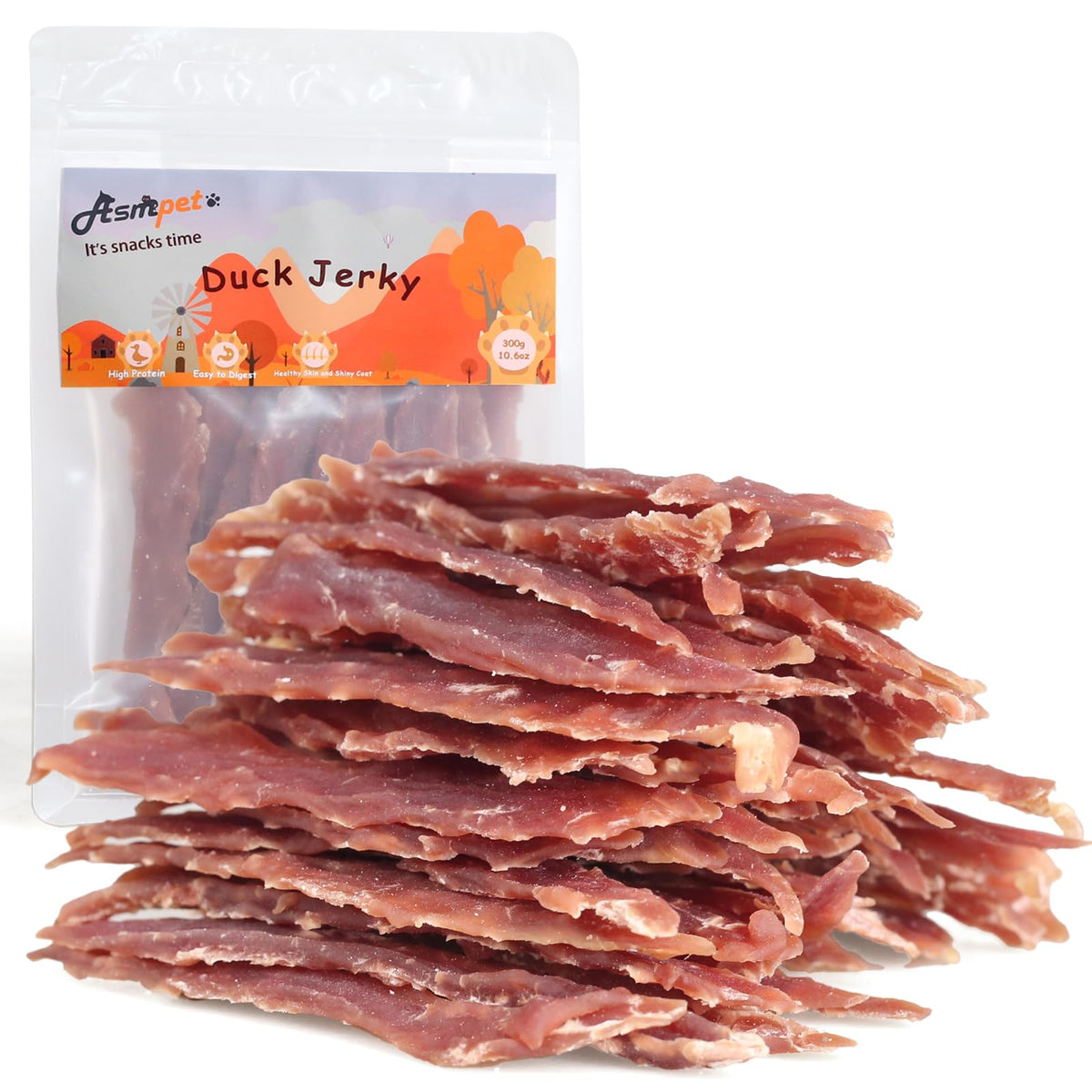 ASMPET trozos de pato jerky, snack proteico para perros activos.