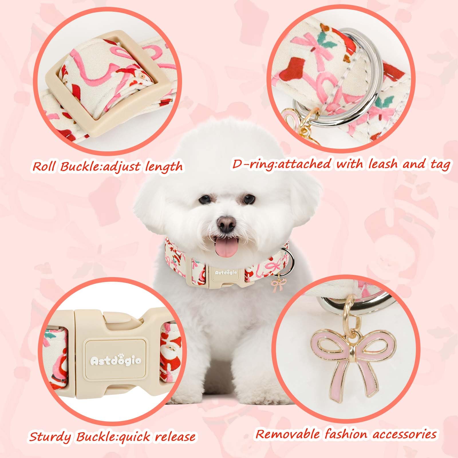 Astdogio collar Navidad con diseño Santa y lazo rosa en perro.