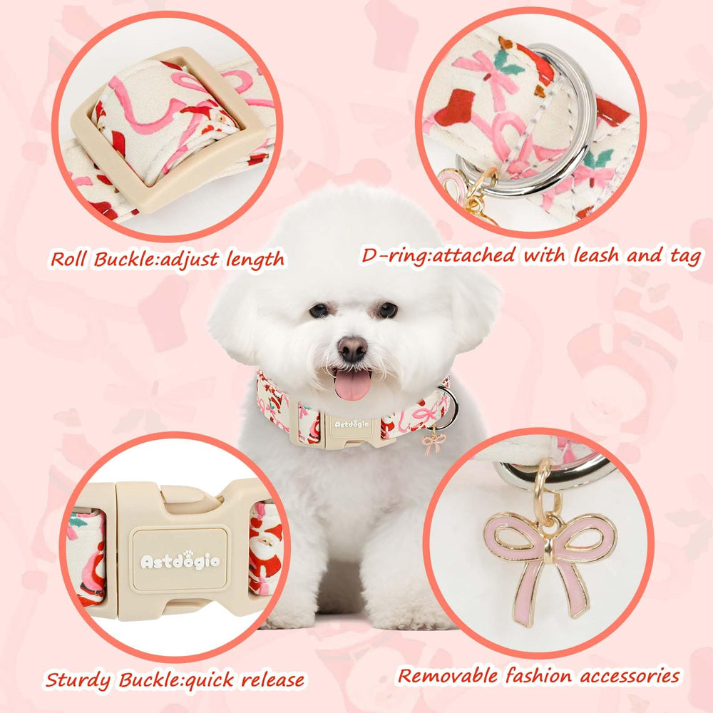 Astdogio collar Navidad con diseño Santa y lazo rosa en perro.