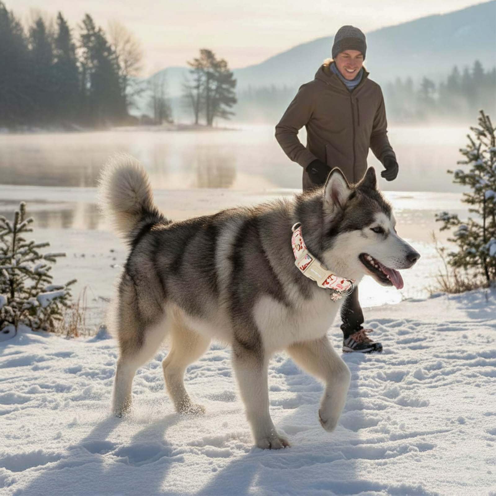 Astdogio collar Navidad para uso familiar, perro feliz en nieve.