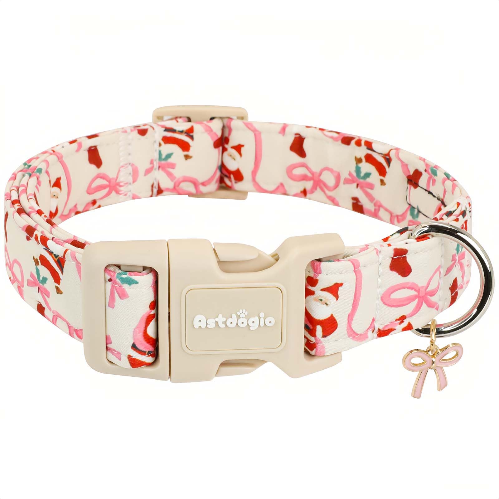 Astdogio collar navidad con Santa y lazo rosa en perro pequeño, ideal para fotos festivas.