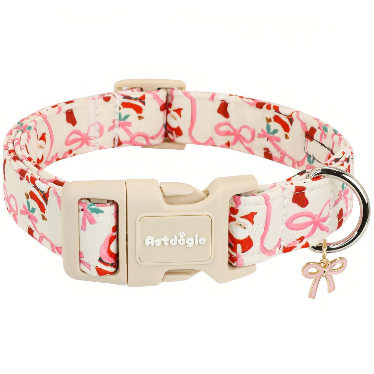 Astdogio collar navidad con Santa y lazo rosa en perro pequeño, ideal para fotos festivas.