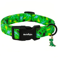 Collar dinosaurio verde de Astdogio con patrón multicolor para paseos diarios.
