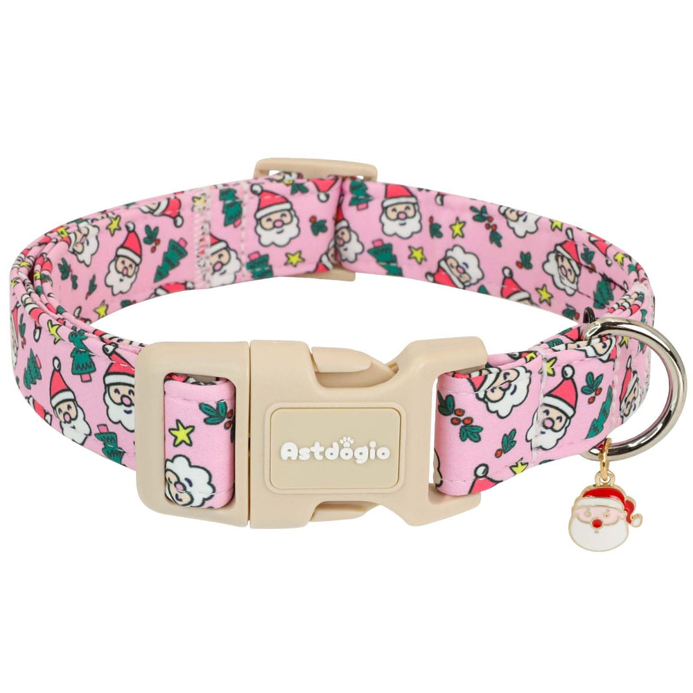 Collar Astdogio navideño para perro grande en rosa con Santa y pino, ideal para fotos.