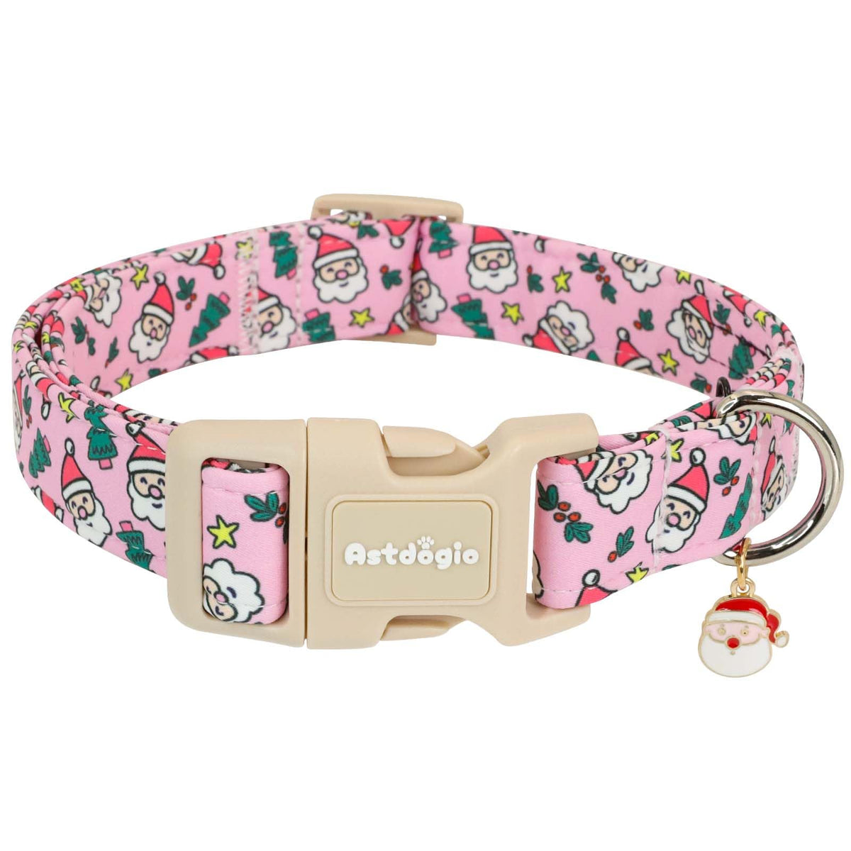 Collar Astdogio navideño para perro grande en rosa con Santa y pino, ideal para fotos.