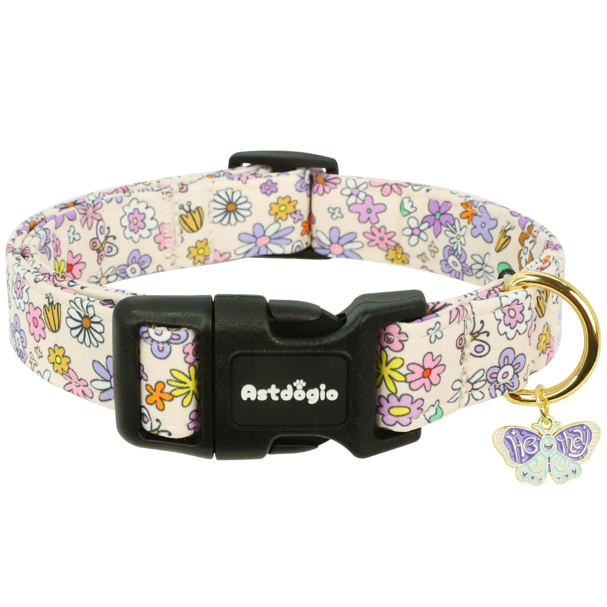Collar Astdogio para perro pequeño con flores y mariposas, ideal para paseos y fotos.