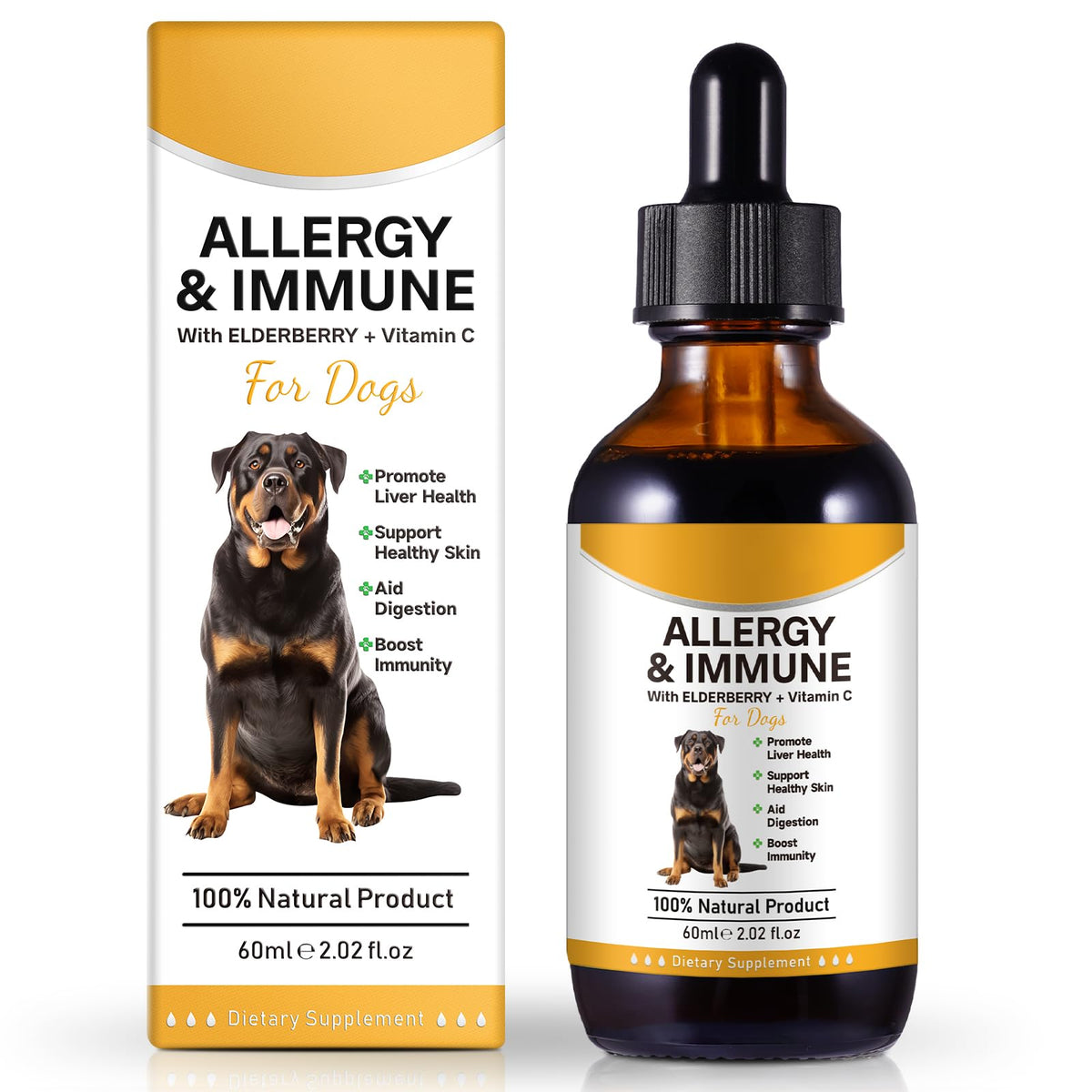 Botella de Asusxcli Allergy Relief Drops para perros, ideal para apoyo inmunitario diario.