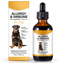 Botella de Asusxcli Allergy Relief Drops para perros, ideal para apoyo inmunitario diario.