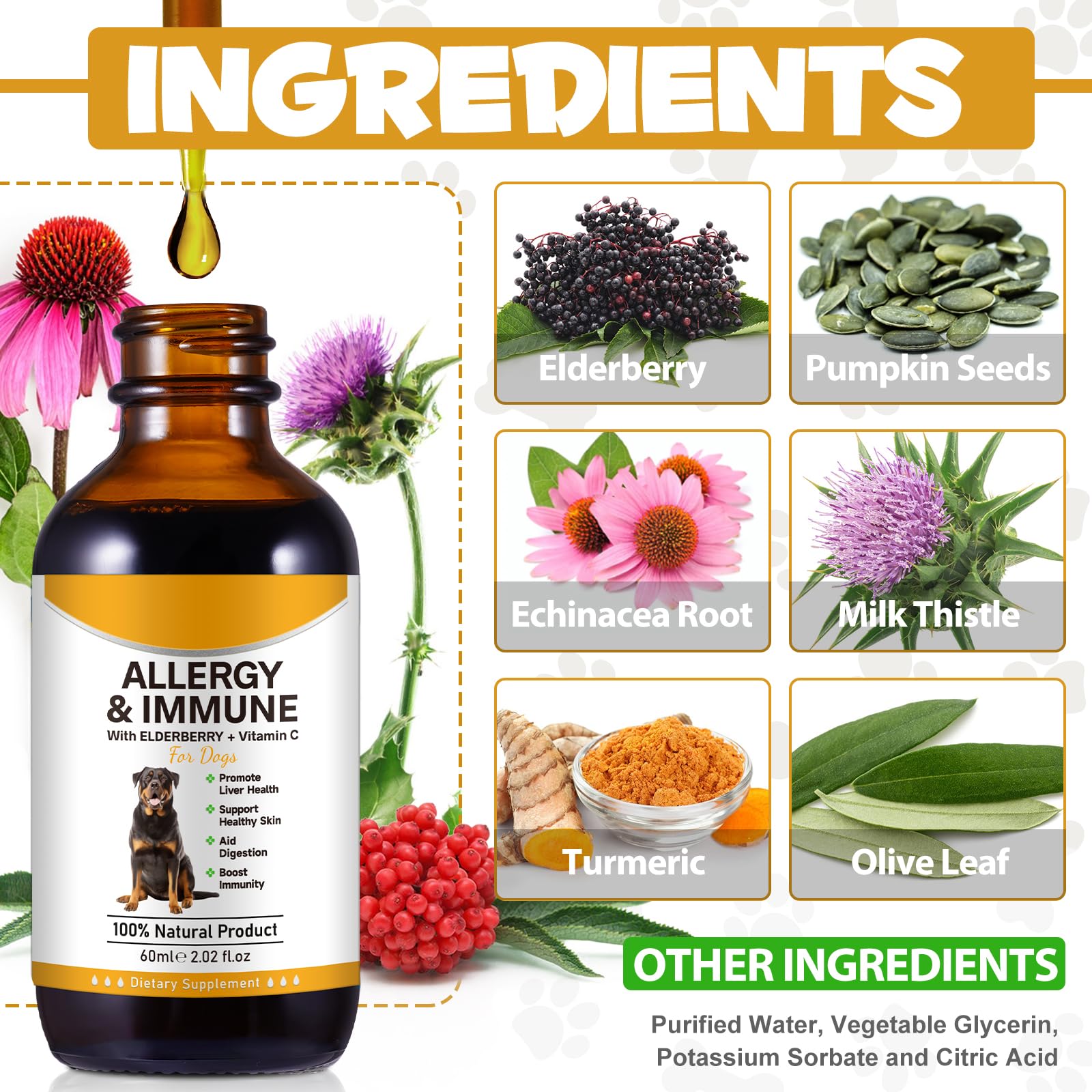 Ingredientes naturales: cúrcuma y silymarina, para apoyar la salud diaria de perros.