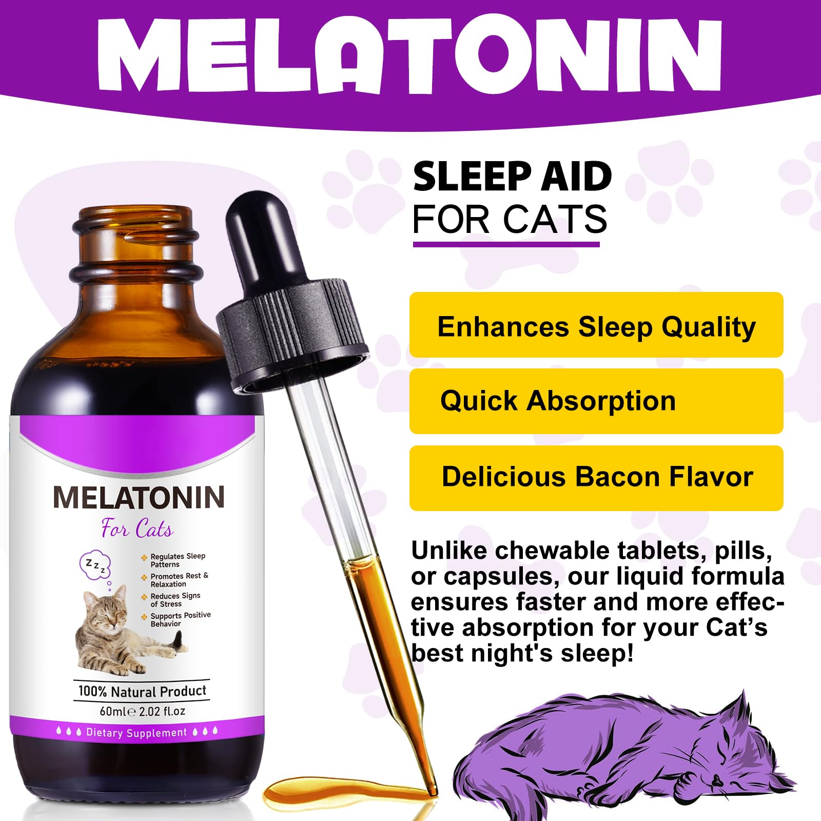 Asusxcli Melatonina para Gatos: relajación nocturna para descansos tranquilos.