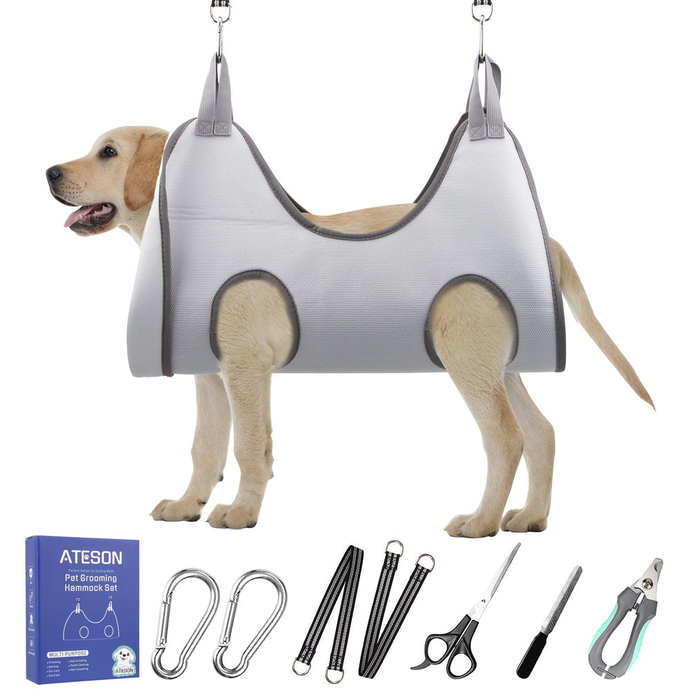 ATESON arnés hamaca para perros XL en uso para recorte de uñas seguro.
