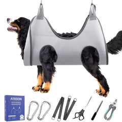 ATESON hamaca de peluquería para perro XXL muestra seguridad y comodidad al recortar uñas.