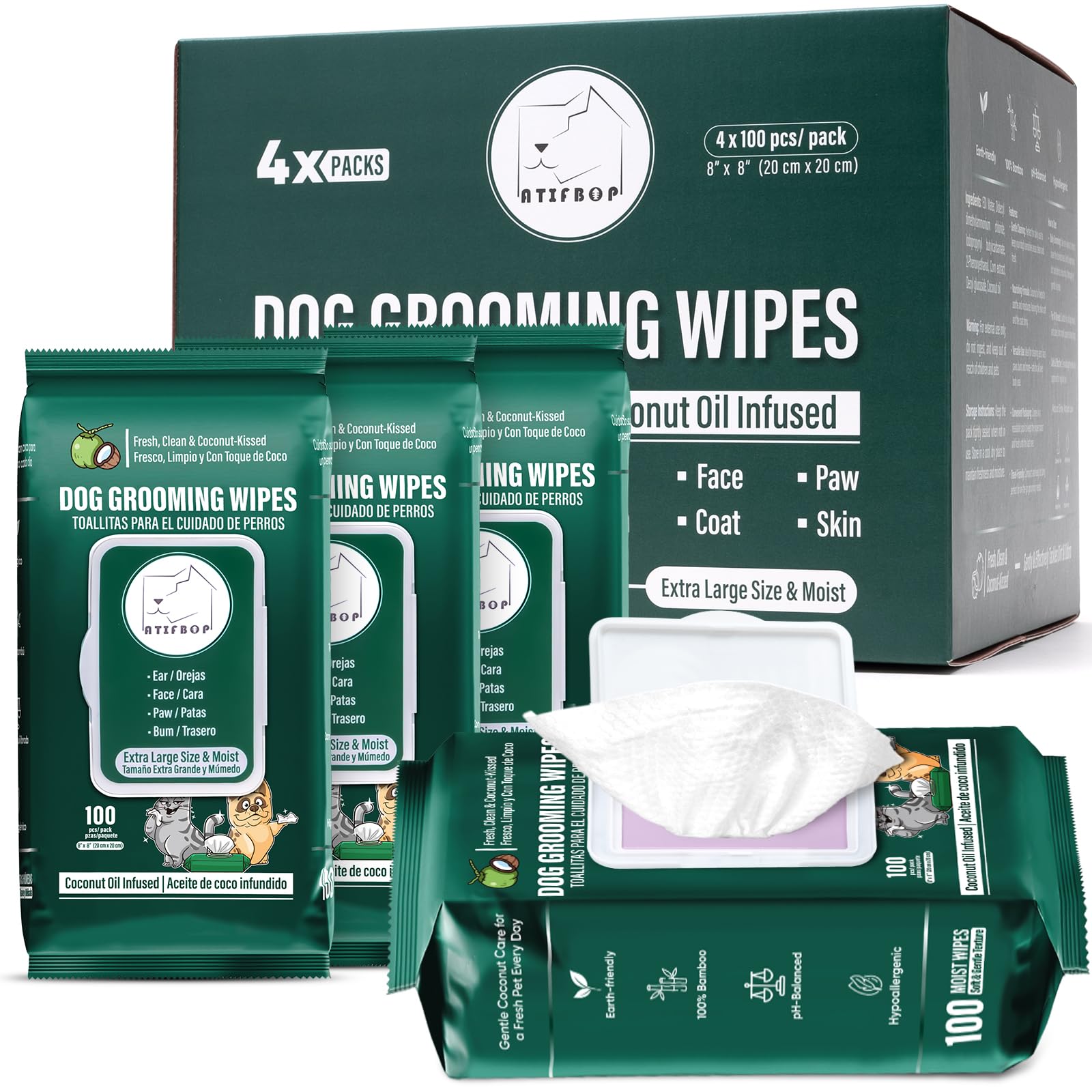 ATIFBOP toallitas para perros limpieza de patas, higiene rápida en casa o en paseo.