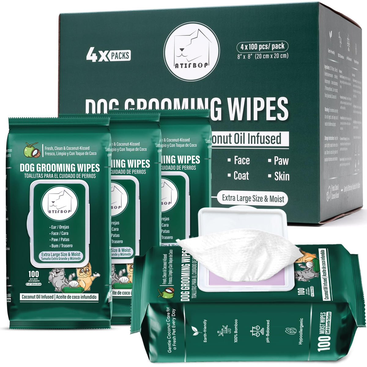 ATIFBOP toallitas para perros limpieza de patas, higiene rápida en casa o en paseo.