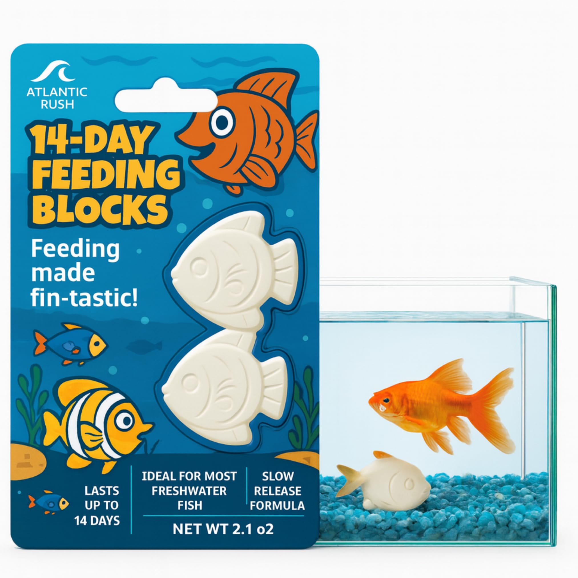 Atlantic Rush Vacation Feeder empaque visible para almacenamiento y compra fácil