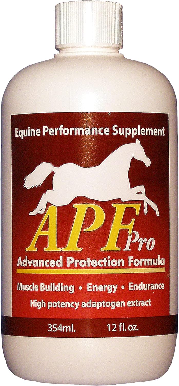 APF PRO Equine, botella marrón con vertido, apoyo a la resistencia y la salud intestinal.