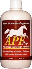 APF PRO Equine, botella marrón con vertido, apoyo a la resistencia y la salud intestinal.