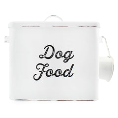 AuldHome Design contenedor para comida de perros, blanco estilo granja, ideal para organizar raciones.