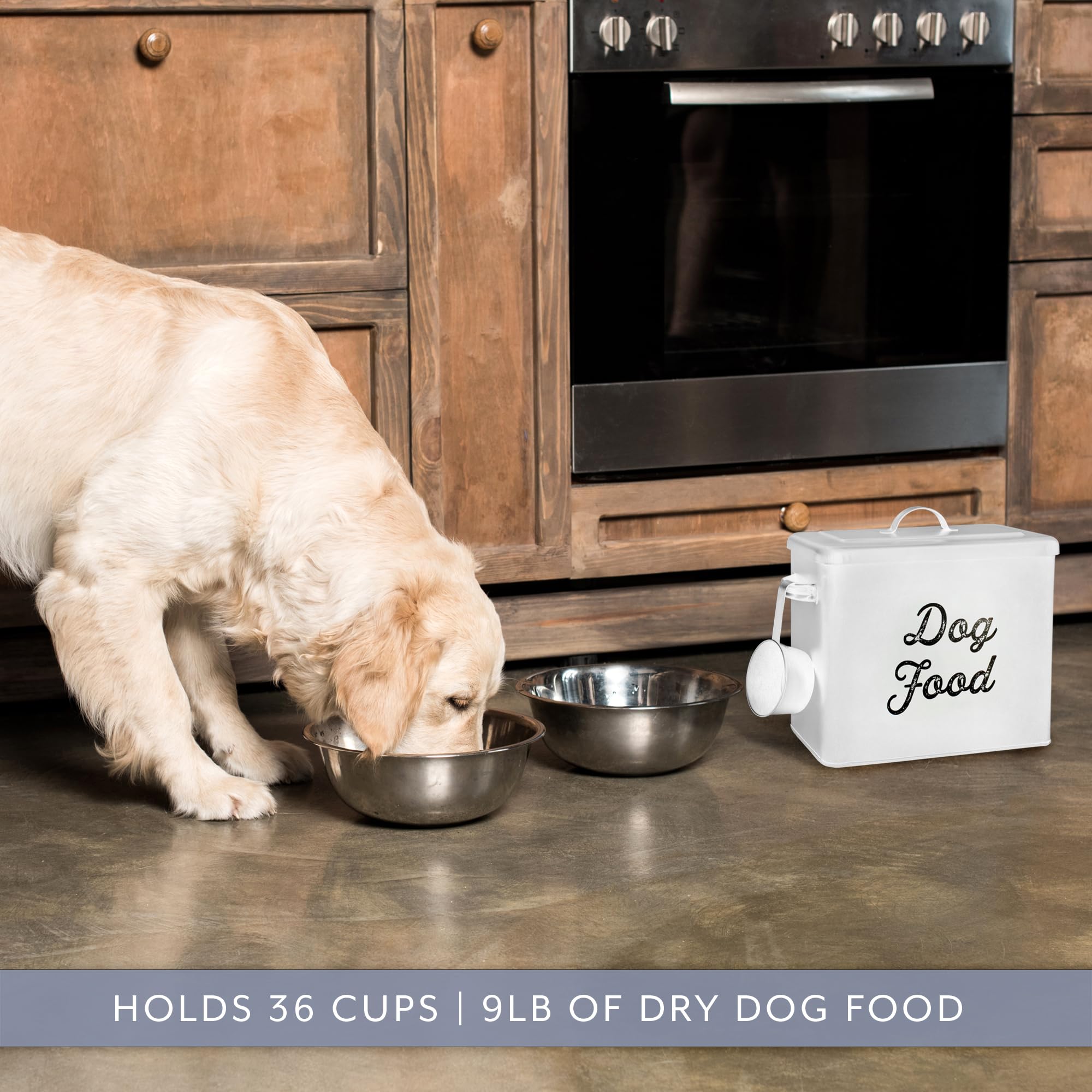 AuldHome Design lata para alimento canino, diseño compacto y resistente.