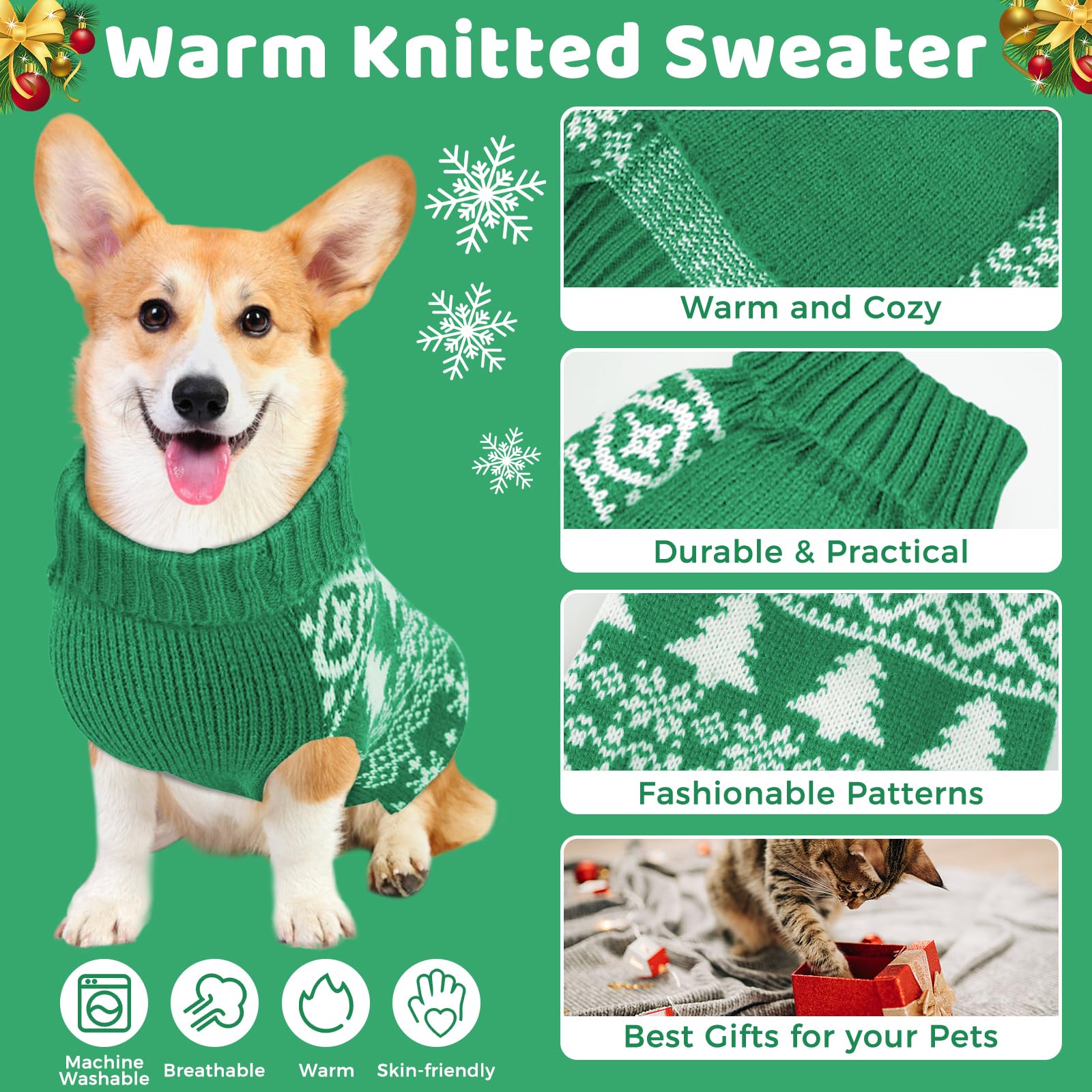 AURUZA suéter navideño para perro verde XS tejido doble suave para inviernos fríos