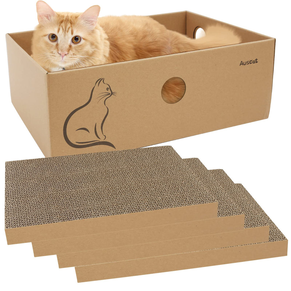 AUSCAT rascador de cartón 4 piezas con caja, ideal para rascar y descansar.