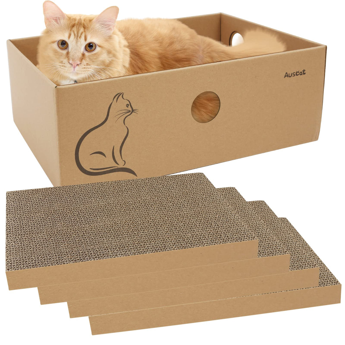 AUSCAT rascador de cartón 4 piezas con caja, ideal para rascar y descansar.