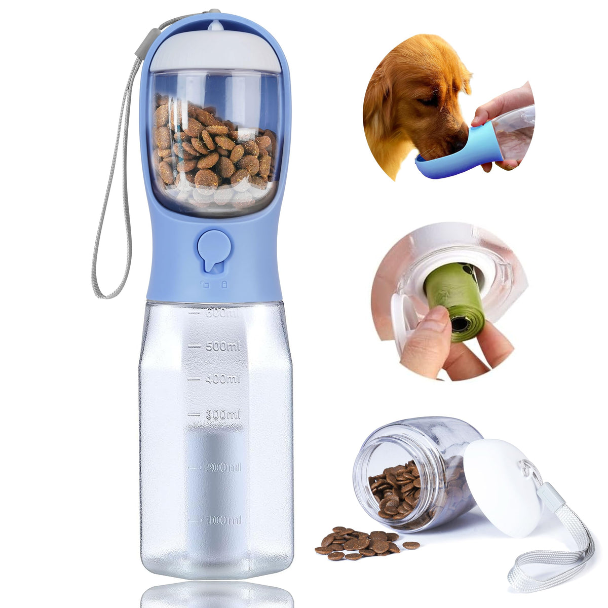 La botella AVELORA para perros con filtración ofrece agua limpia en cualquier lugar.