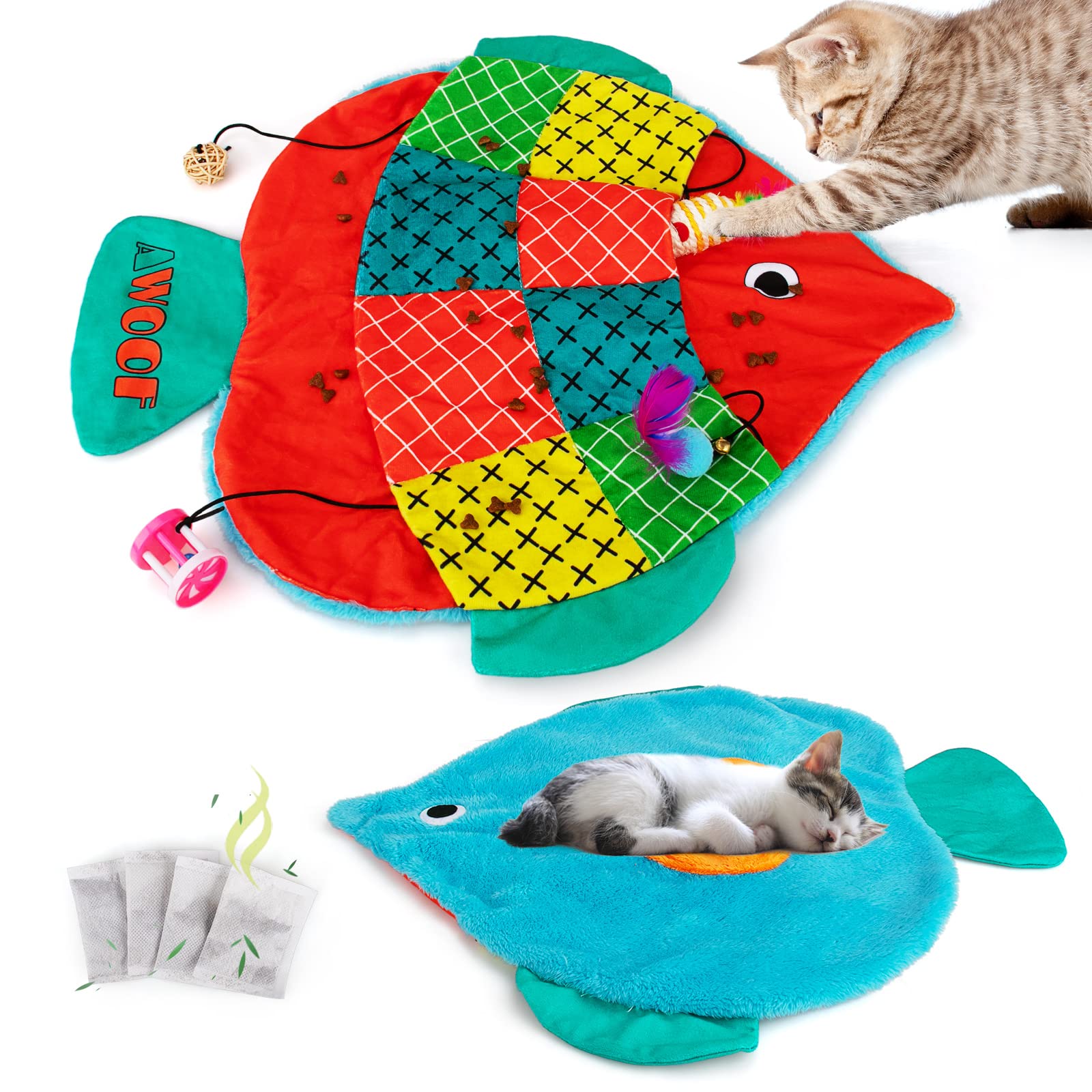 AWOOF Cat Mat forma pescado, perfecta para juego interactivo y descanso cómodo