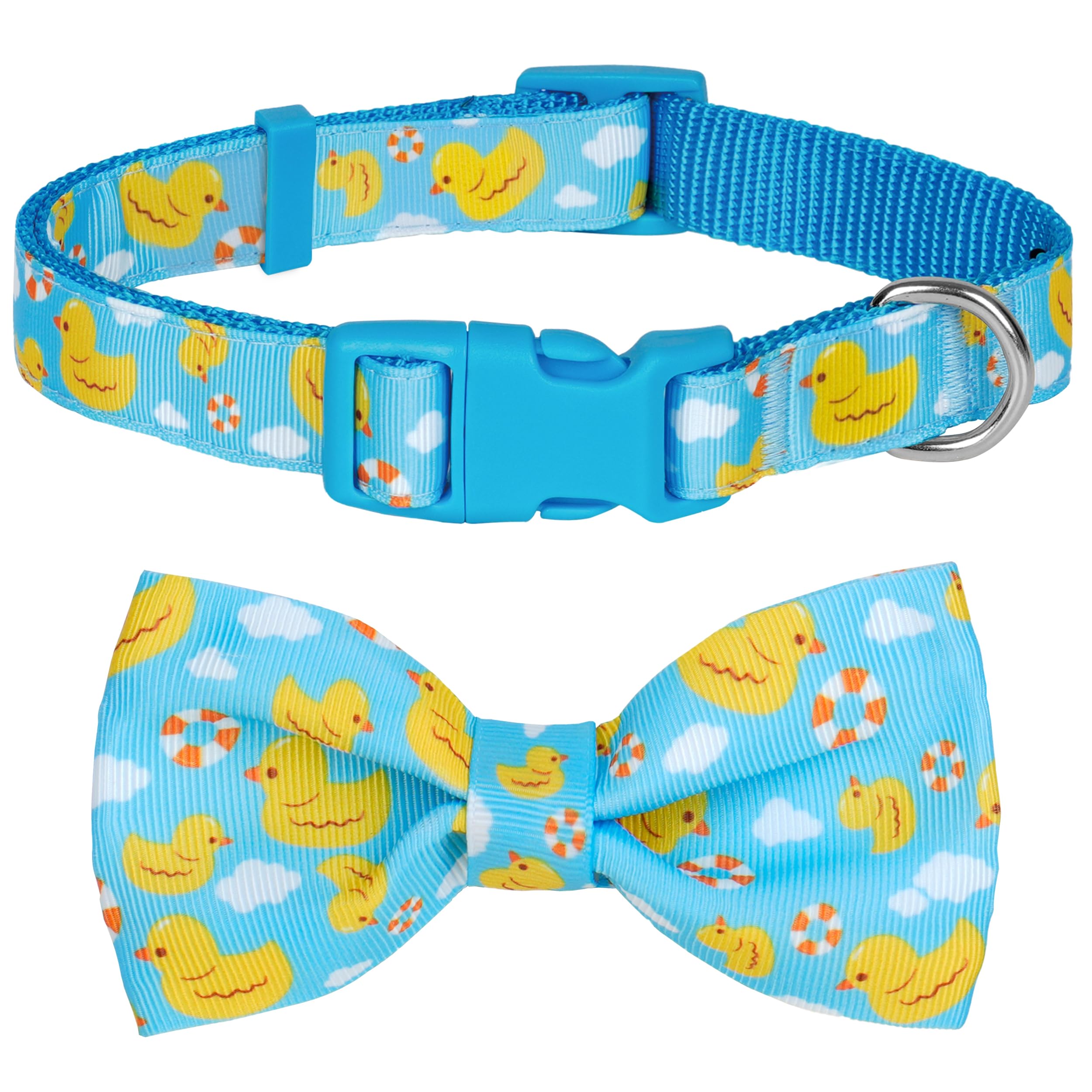 Collar azuza con lazo amarillo pato, ideal para paseos y fotos divertidas.