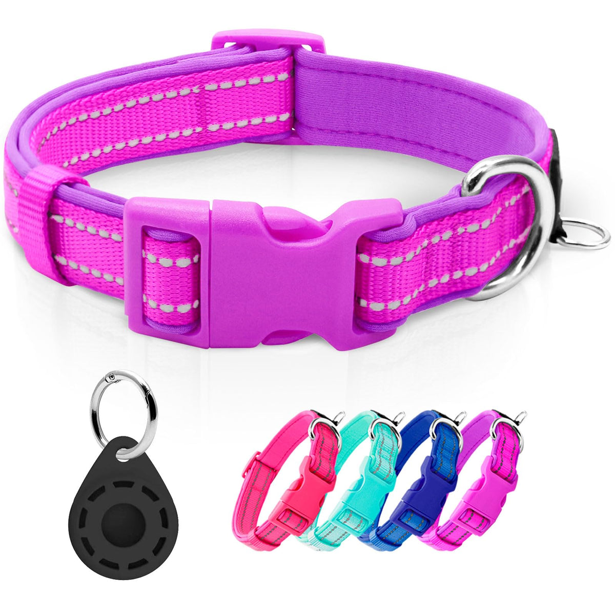 Collar reflectante Azuza con porta AirTag para mayor visibilidad nocturna.