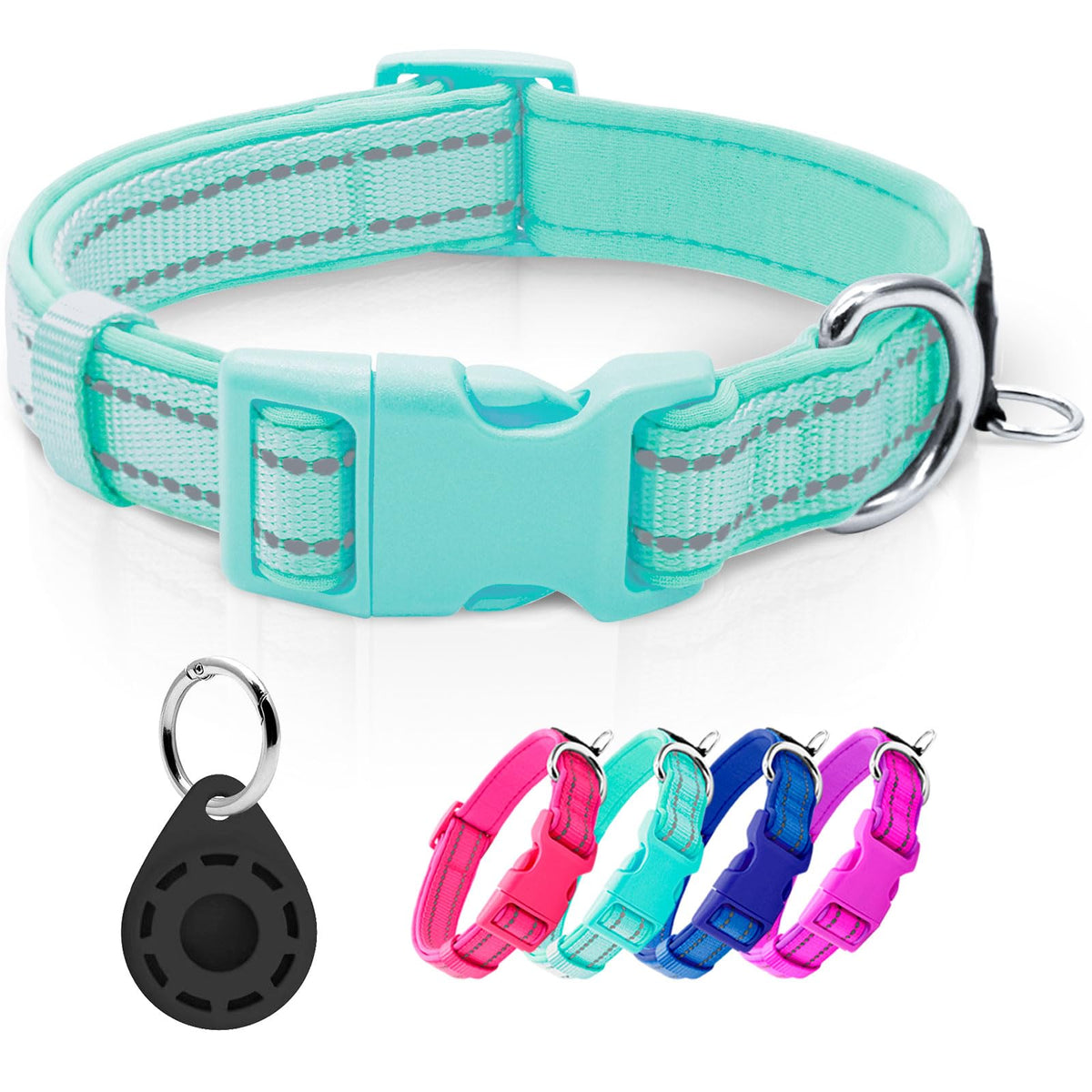 Collar azuza reflectivo con soporte para etiqueta inteligente para visibilidad nocturna.