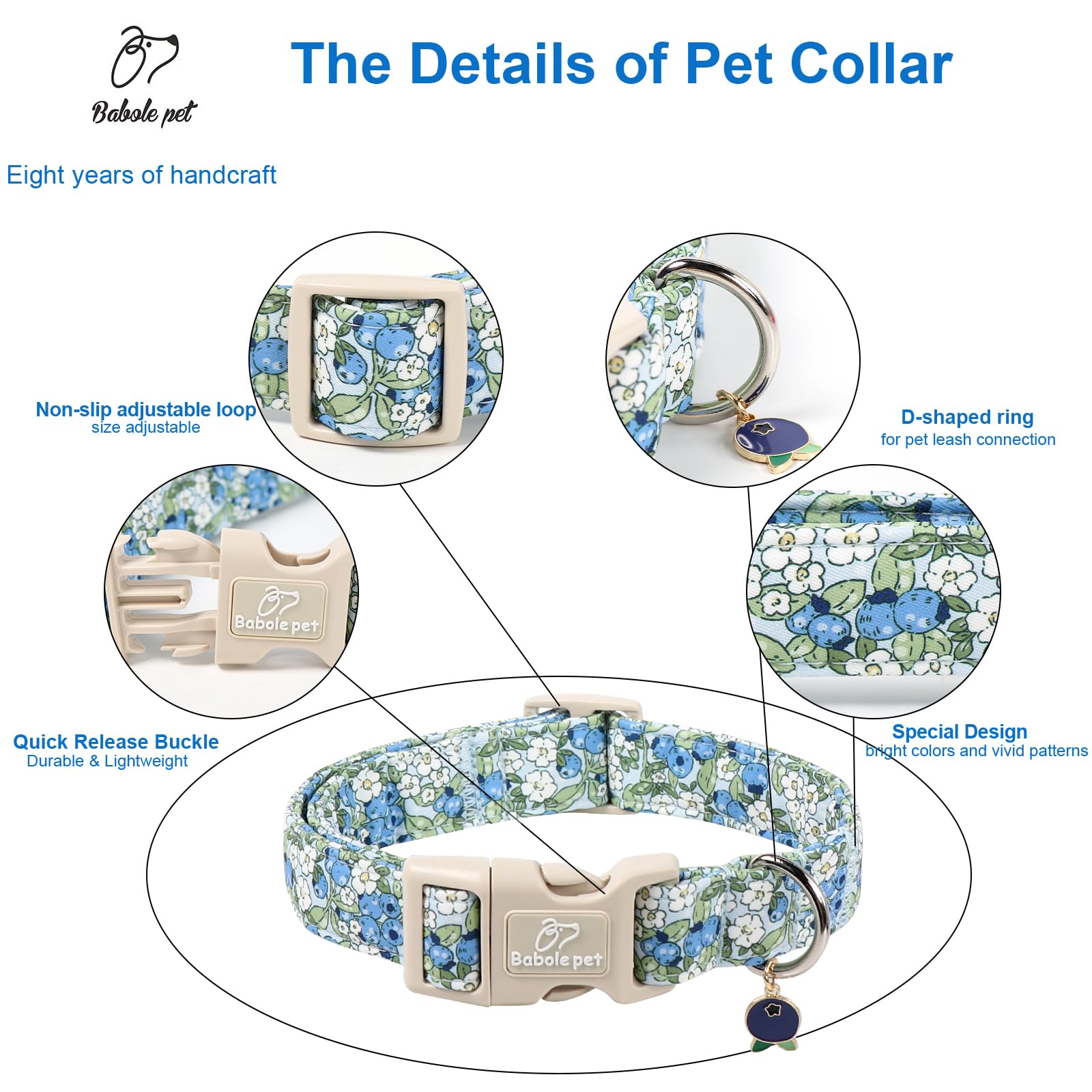 Babole Pet collar con hebilla resistente y detalle de arándano, seguridad para perros activos