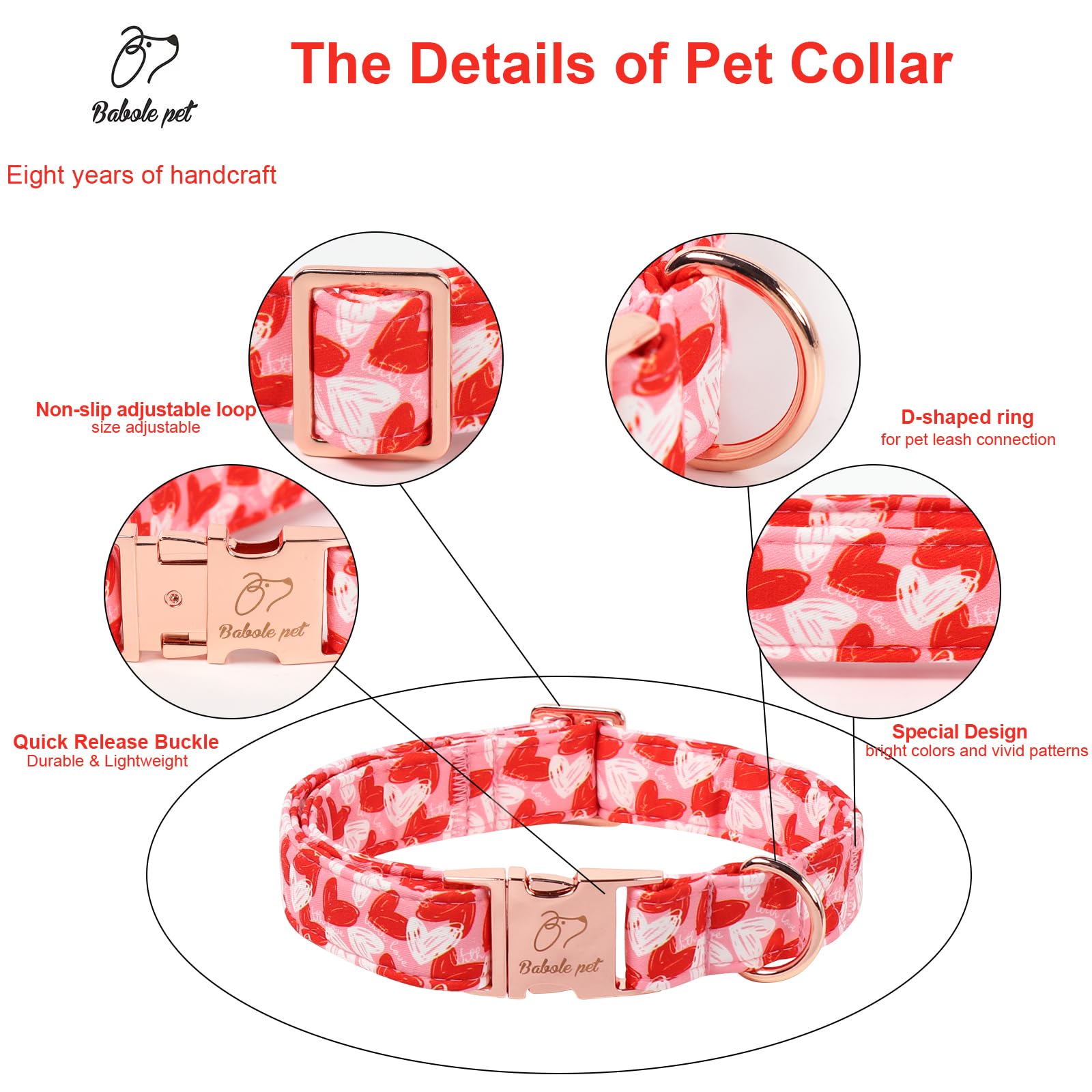 Babole Pet collar con estampado de corazones, añade encanto a cada paseo.