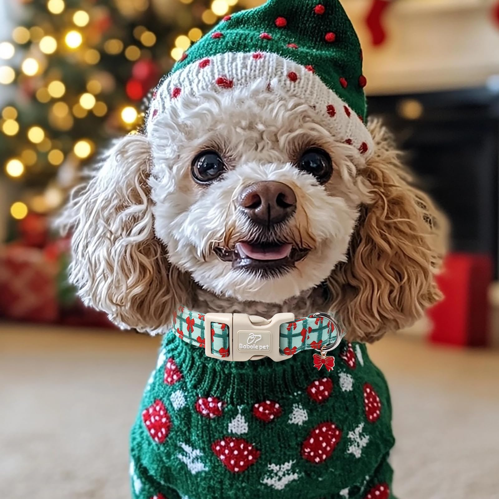 Collar Babole Pet navideño XS con cuadros verdes, estilo navideño suave.