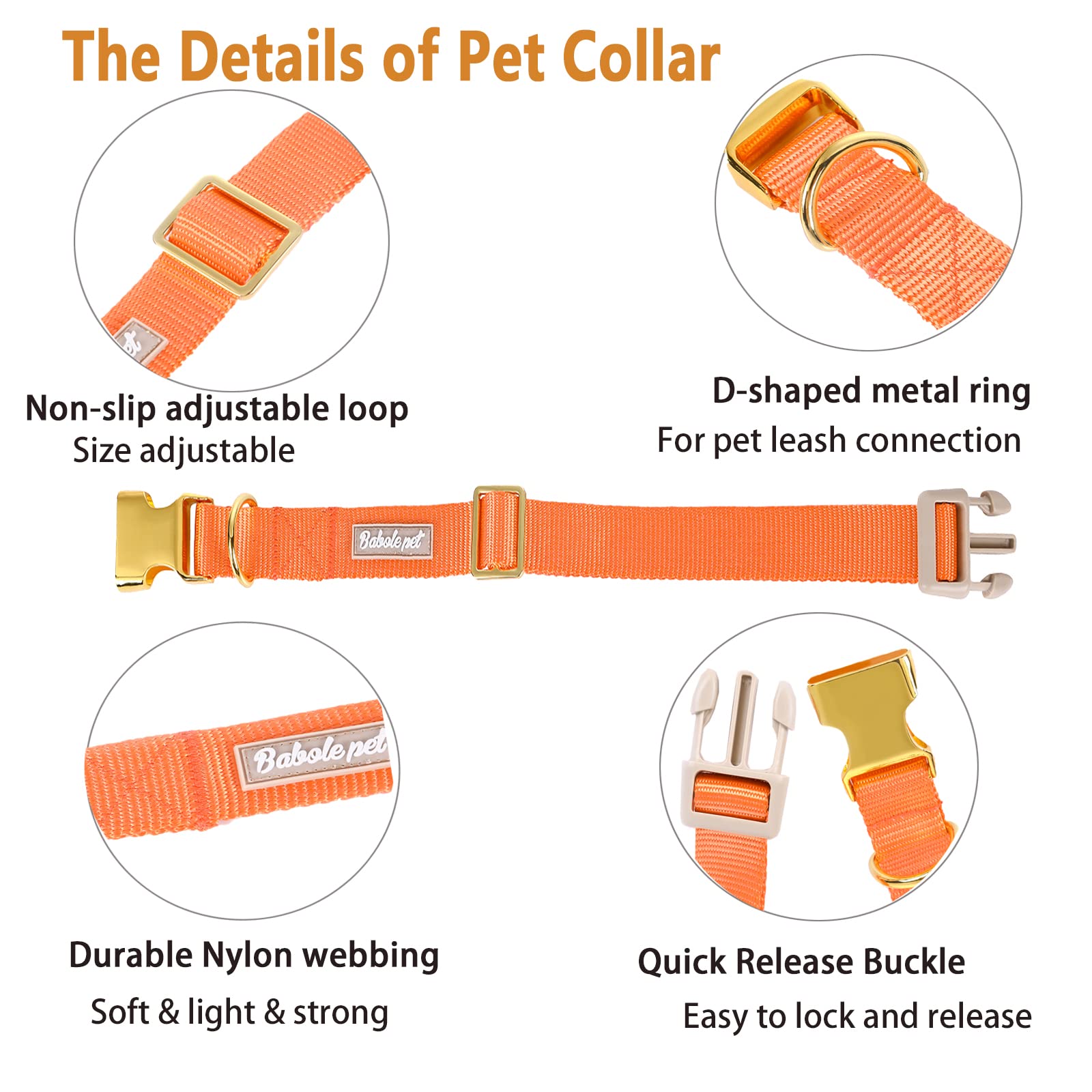 Babole Pet collar nylon naranja ajuste L, cómodo para razas grandes.