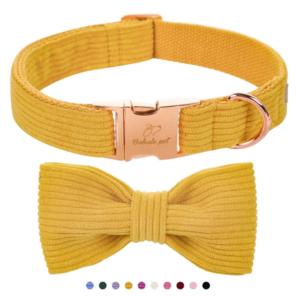 Collar Babole Pet de pana amarillo con lazo, cómodo y ajustable para paseos diarios.