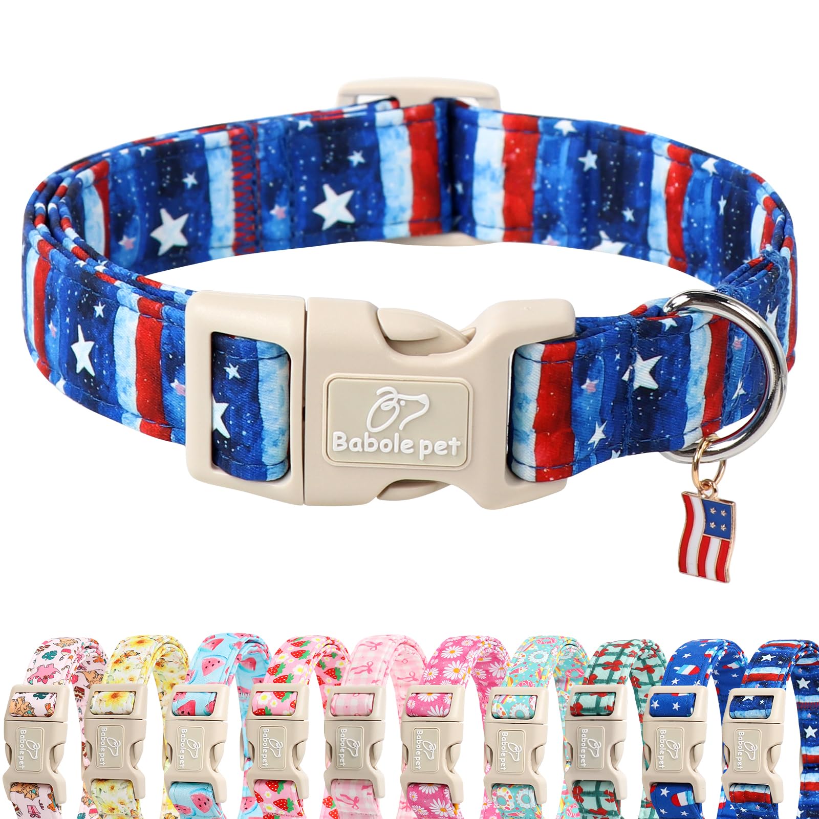 Collar Babole Pet para perro con estrellas y rayas, ideal para paseos patrióticos.