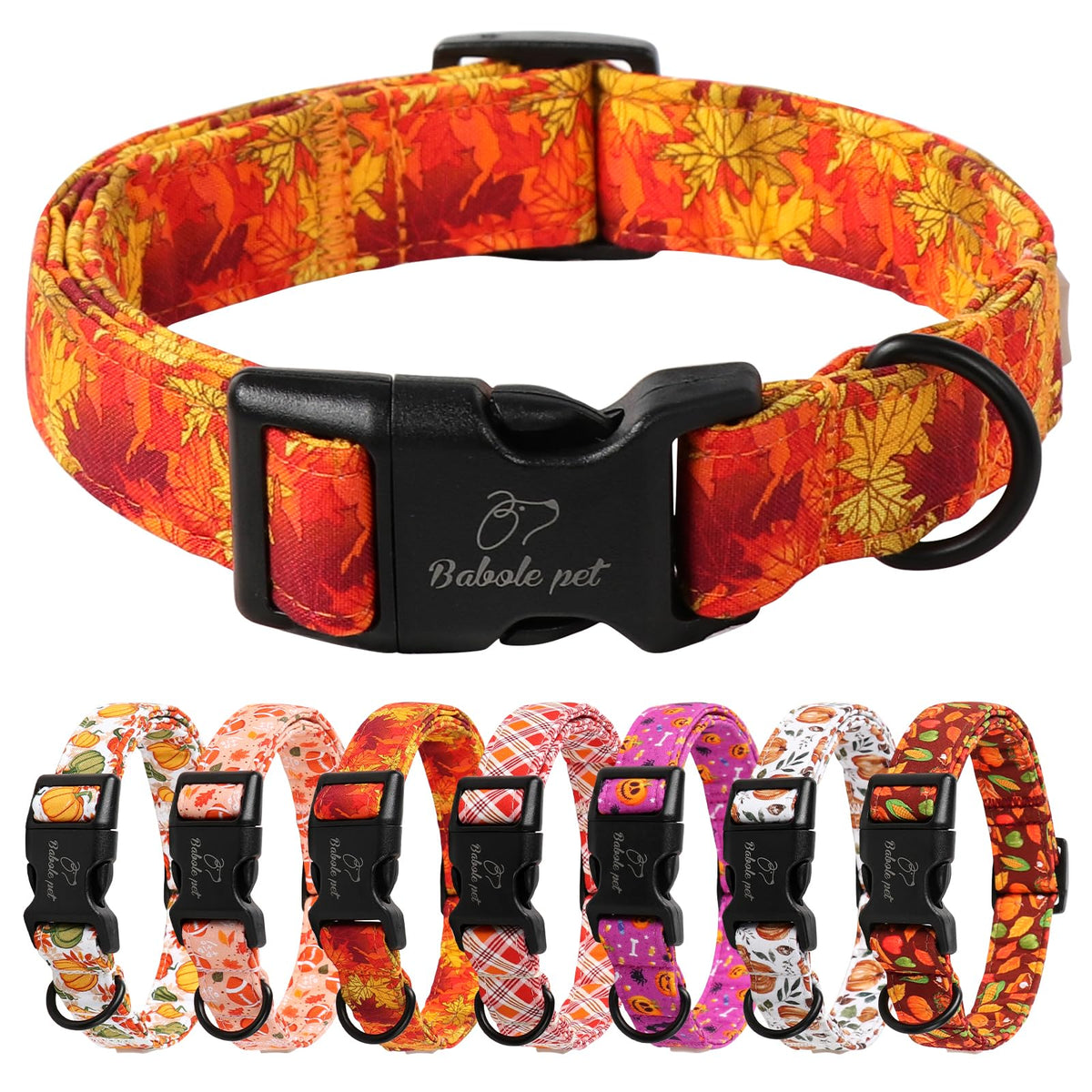 Collar Babole Pet para perro con hojas de arce doradas, ideal para paseos otoñales.