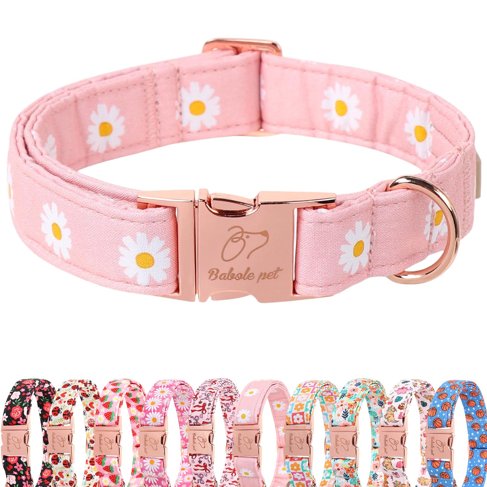 Collar Babole Pet rosa con daisy, primer plano para paseos de primavera con estilo