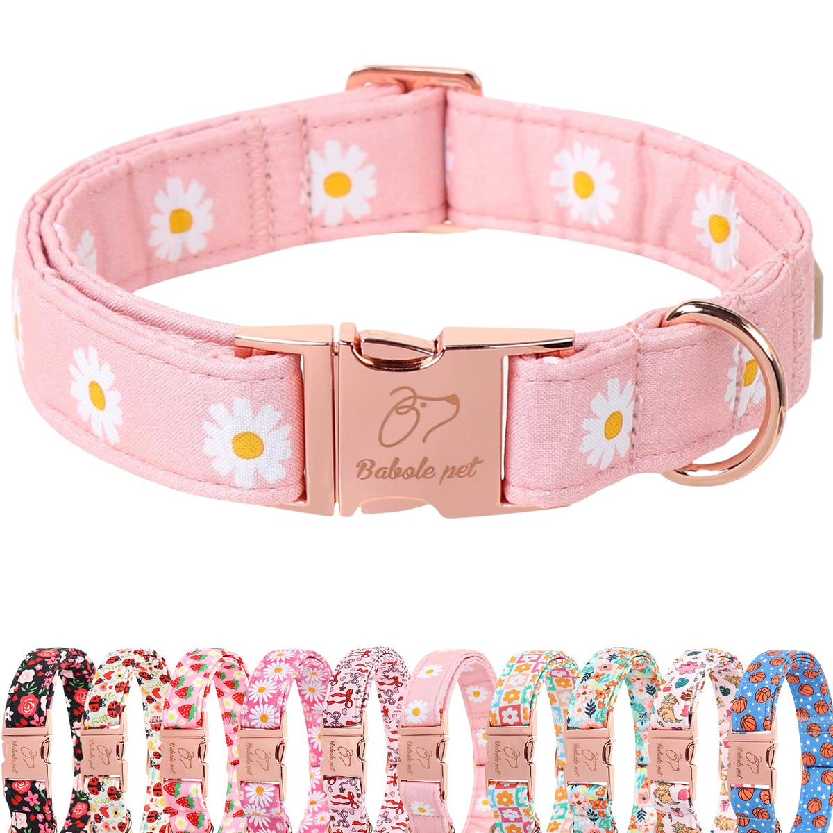 Collar Babole Pet rosa con daisy, primer plano para paseos de primavera con estilo