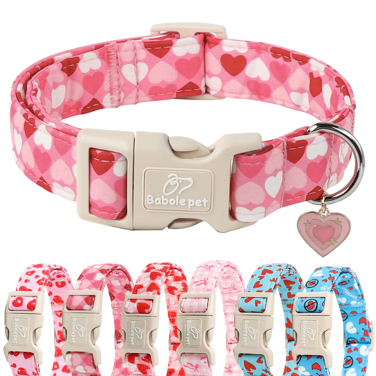 Babole Pet collar Valentín con corazones rosas para paseos festivos y cómodos