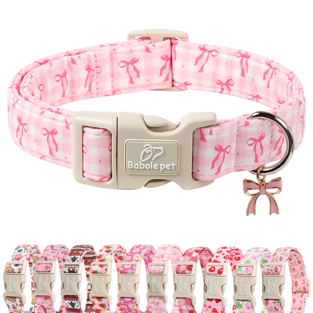 Babole Pet collar rosa a cuadros con lazo, ideal para sesiones de fotos