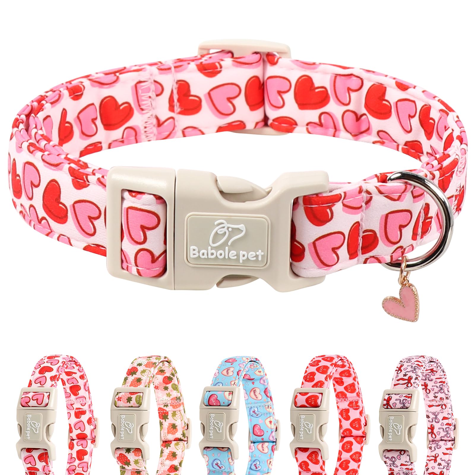 Collar Babole Pet Valentines para perros pequeños, corazones rosas, ideal para paseos y fotos.