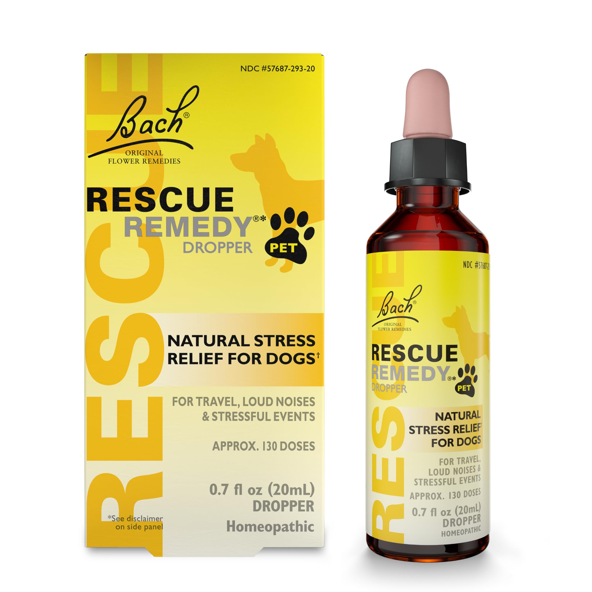 Bach Rescate Remedio para perros, vista frontal de la botella, apoyo calmante ante el estrés