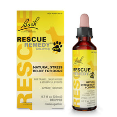 Bach Rescate Remedio para perros, vista frontal de la botella, apoyo calmante ante el estrés