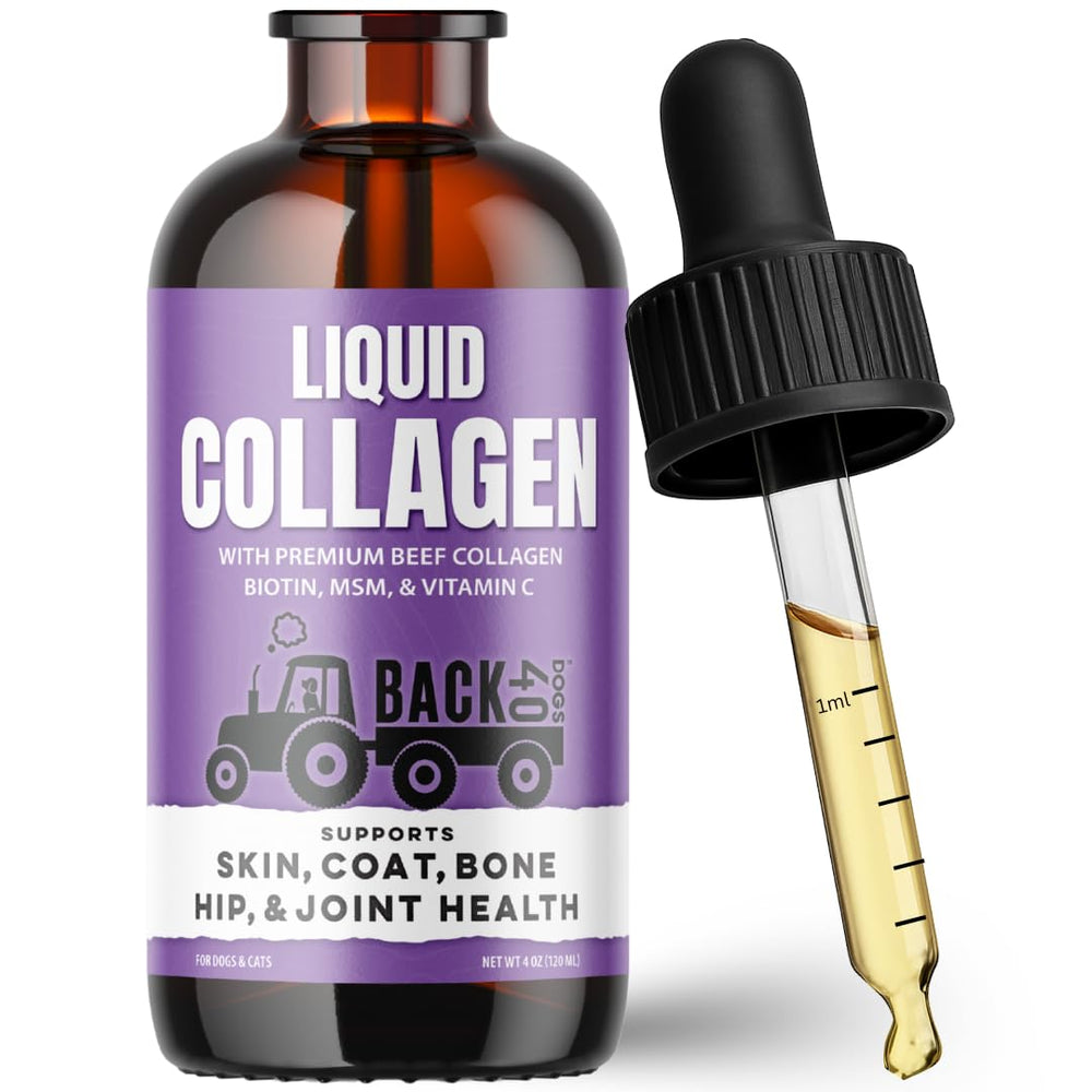 Back 40 Dogs Collagen: frasco de gotas para piel sana y pelaje brillante.