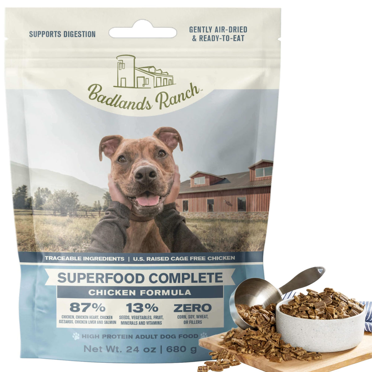 BADLANDS RANCH alimento para perros pollo aire-secado, alto en proteína para energía diaria.