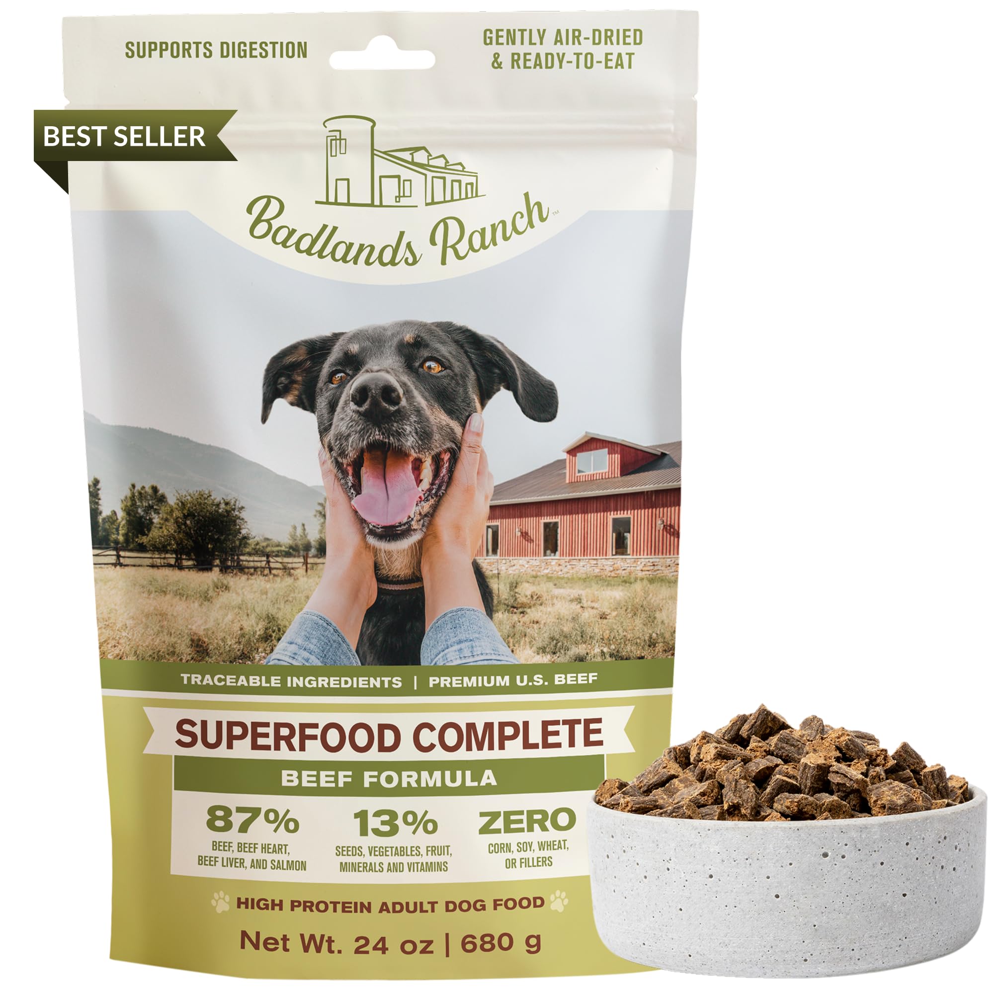 BADLANDS RANCH, comida para perros deshidratada al aire en tazón, práctica y sabrosa para cada comida.