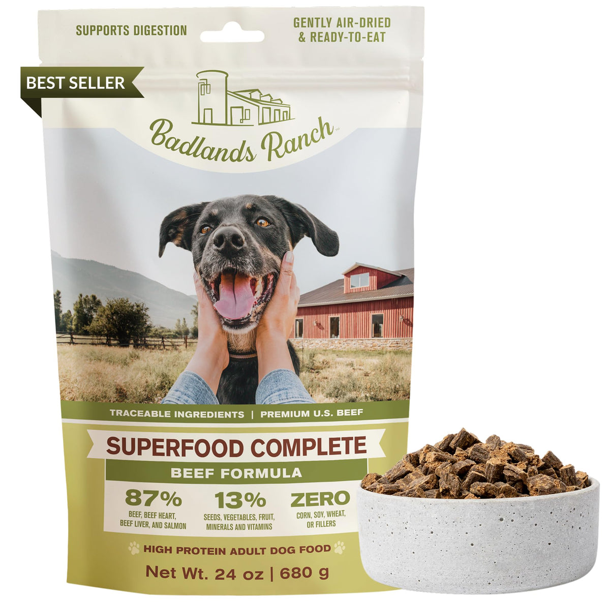 BADLANDS RANCH, comida para perros deshidratada al aire en tazón, práctica y sabrosa para cada comida.