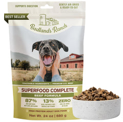 BADLANDS RANCH, comida para perros deshidratada al aire en tazón, práctica y sabrosa para cada comida.